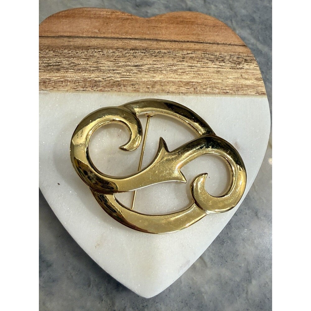 Vintage Givenchy Gold Tone Abstract Scroll Brooch Pin Modernist Statement 80s